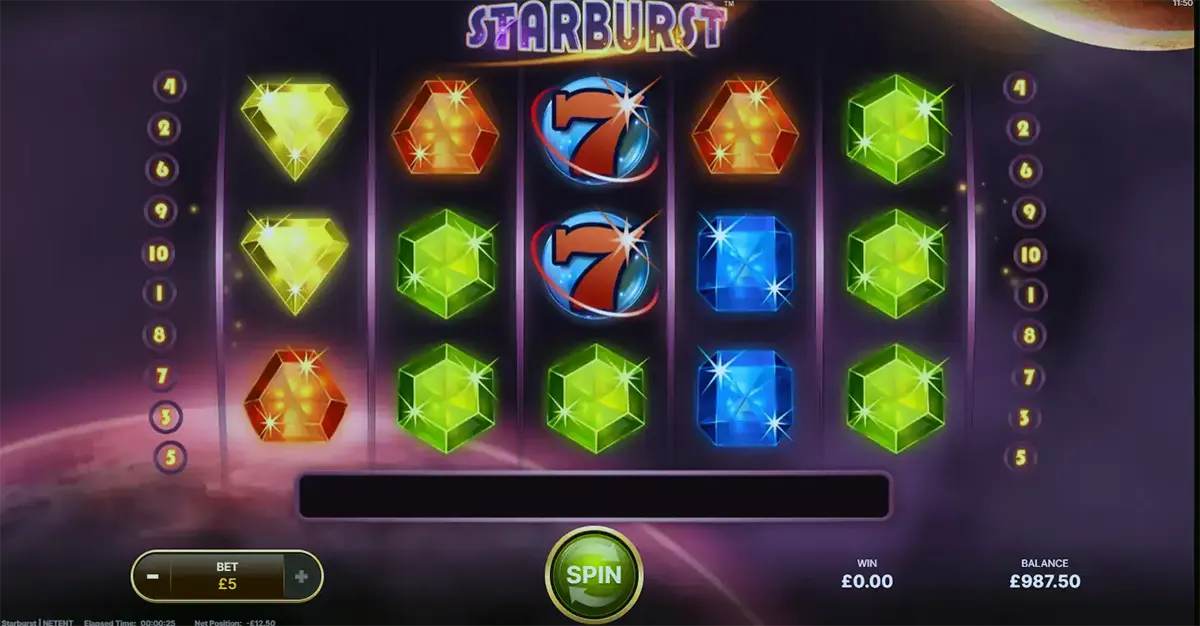 Screenshot of the Starburst slot game showing five reels with colourful gem symbols and “7” icons, the Starburst logo at the top, and a large green spin button with bet, win, and balance information along the bottom.